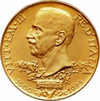 Italy coin 100 Lire - Vittorio Emanuele III - Anniversary of Reign (1925) obverse obverse of 100 Lire - Vittorio Emanuele III - Anniversary of Reign (1925) coin with KM# 66 from Italy. Inscription: VITT · EM · III RE D'ITALIA 1900 - 1925