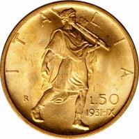 Italy coin 50 Lire - Vittorio Emanuele III (1931 - 1933) reverse reverse of 50 Lire - Vittorio Emanuele III (1931 - 1933) coin with KM# 71 from Italy. Inscription: ITALIA R L.50 1931 - IX