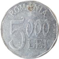 reverse of 5000 Lei (2001 - 2006) coin with KM# 158 from Romania. Inscription: ROMANIA 5000 LEI