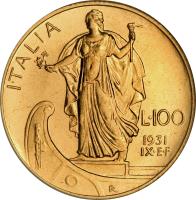 reverse of 100 Lire - Vittorio Emanuele III (1931 - 1933) coin with KM# 72 from Italy. Inscription: ITALIA L · 100 1931 IX · E · F R