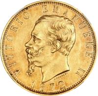 obverse of 100 Lire - Vittorio Emanuele II (1864 - 1878) coin with KM# 19 from Italy. Inscription: VITTORIO EMANUELE II FERRARIS 1872