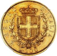 reverse of 100 Lire - Vittorio Emanuele II (1864 - 1878) coin with KM# 19 from Italy. Inscription: REGNO D'ITALIA R L. 100