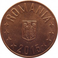 obverse of 5 Bani (2005 - 2016) coin with KM# 190 from Romania. Inscription: ROMANIA 2015