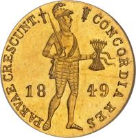 Netherlands coin 1 Ducat - Willem III - Trade Coinage (1849 - 1899) obverse obverse of 1 Ducat - Willem III - Trade Coinage (1849 - 1899) coin with KM# 83 from Netherlands. Inscription: CONCORDIA RES PARVAE CRESCUNT. 18 49