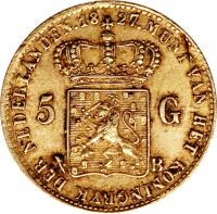 Netherlands coin 5 Gulden - William I (1826 - 1827) reverse reverse of 5 Gulden - William I (1826 - 1827) coin with KM# 60 from Netherlands.