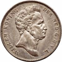 obverse of 1 Gulden - Willem I (1840) coin with KM# 65 from Netherlands. Inscription: WILLEM KONING DER NED.G.H.V.L. J.P.SCHOUBERG F.