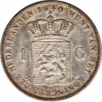 reverse of 1 Gulden - Willem I (1840) coin with KM# 65 from Netherlands. Inscription: .1840. MUNT VAN HET KONINGRYK DER NEDERLANDEN 1 G 100 C.