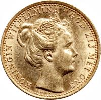 obverse of 10 Gulden - Wilhelmina (1898) coin with KM# 124 from Netherlands.
