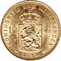 reverse of 10 Gulden - Wilhelmina (1898) coin with KM# 124 from Netherlands.