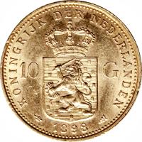 Netherlands coin 10 Gulden - Wilhelmina (1898) reverse reverse of 10 Gulden - Wilhelmina (1898) coin with KM# 124 from Netherlands.