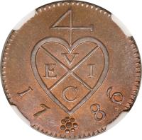Netherlands East Indies coin 2 Keping - Sumatra (1786 - 1788) obverse obverse of 2 Keping - Sumatra (1786 - 1788) coin with KM# 258 from Netherlands East Indies. Inscription: 4 VEIC 17 86