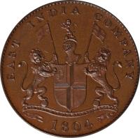 obverse of 4 Kepings (1805) coin with KM# 266 from Netherlands East Indies. Inscription: EAST INDIA COMPANY AUSPICIO REGIS & SENATUS ANGLIÆ 1804