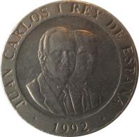 Spain coin 200 Pesetas - Juan Carlos I - Madrid European Capital of Culture (1992) obverse obverse of 200 Pesetas - Juan Carlos I - Madrid European Capital of Culture (1992) coin with KM# 909 from Spain. Inscription: JUAN CARLOS I REY DE ESPAÑA 1992