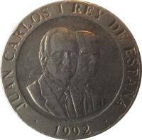 obverse of 200 Pesetas - Juan Carlos I - Madrid European Capital of Culture (1992) coin with KM# 909 from Spain. Inscription: JUAN CARLOS I REY DE ESPAÑA 1992