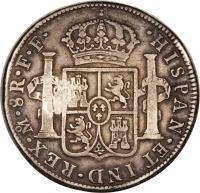 Netherlands East Indies coin 1 Ducaton - Sumenep; Countermarked reverse reverse of 1 Ducaton - Sumenep; Countermarked coin with KM# 201.6 from Netherlands East Indies. Inscription: · HISPAN · ET IND · REX · Mᴼ · 8R · F · F ·