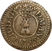 obverse of 1 Barilla - Carlos III (1766) coin with KM# 1 from Philippines. Inscription: Ciudad De Man(ila) 1766