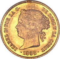 Philippines coin 4 Pesos - Isabella II (1861 - 1868) obverse obverse of 4 Pesos - Isabella II (1861 - 1868) coin with KM# 144 from Philippines. Inscription: ISABEL 2A POR LA G · DE DIOS Y LA CONST · 1868 ·