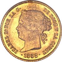 obverse of 4 Pesos - Isabella II (1861 - 1868) coin with KM# 144 from Philippines. Inscription: ISABEL 2A POR LA G · DE DIOS Y LA CONST · 1868 ·