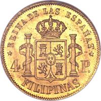 reverse of 4 Pesos - Isabella II (1861 - 1868) coin with KM# 144 from Philippines. Inscription: * REINA DE LAS ESPAÑAS * 4 P. FILIPINAS