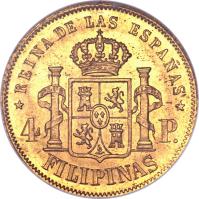 Philippines coin 4 Pesos - Isabella II (1861 - 1868) reverse reverse of 4 Pesos - Isabella II (1861 - 1868) coin with KM# 144 from Philippines. Inscription: * REINA DE LAS ESPAÑAS * 4 P. FILIPINAS