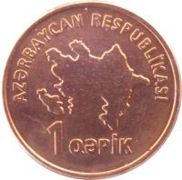 Azerbaijan coin 1 Qəpik (2006 - 2011) obverse obverse of 1 Qəpik (2006 - 2011) coin with KM# 39 from Azerbaijan. Inscription: AZƏRBAYCAN RESPUBLİKASI 1 QƏPİK