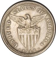 obverse of 5 Centavos - Mule (1918) coin with KM# 173 from Philippines. Inscription: UNITED STATES OF AMERICA · 1918 · S
