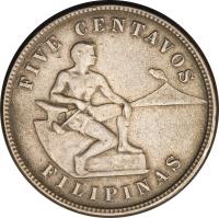 reverse of 5 Centavos - Mule (1918) coin with KM# 173 from Philippines. Inscription: FIVE CENTAVOS FILIPINAS