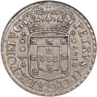 Portugal coin 400 Réis - Peter II (1688 - 1702) obverse obverse of 400 Réis - Peter II (1688 - 1702) coin with KM# 154 from Portugal. Inscription: PETRVS.II.D.G.REX.PORTVG *400* / *1690*