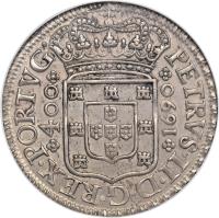 obverse of 400 Réis - Peter II (1688 - 1702) coin with KM# 154 from Portugal. Inscription: PETRVS.II.D.G.REX.PORTVG *400* / *1690*