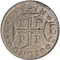 reverse of 400 Réis - Peter II (1688 - 1702) coin with KM# 154 from Portugal. Inscription: .IN * HOC * SIGNO * VINCES.