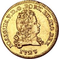 obverse of 1/2 Escudo - Joao V (1722 - 1750) coin with KM# 218 from Portugal. Inscription: IOANNES~.V.D.G.PORT.ET.ALG.REX 1723