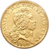 Portugal coin 1 Peça - Joao V (1722 - 1749) obverse obverse of 1 Peça - Joao V (1722 - 1749) coin with KM# 221 from Portugal. Inscription: JOANNES.V.D.G.PORT.ET.ALG.REX 1742