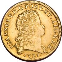 obverse of 1 Dobra - Joao V (1724 - 1732) coin with KM# 222 from Portugal. Inscription: IOANNES.V.D.G.PORT.ET.ALG.REX · 1724 ·