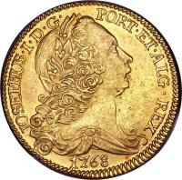 obverse of 1 Peça - Jose I (1750 - 1777) coin with KM# 240 from Portugal. Inscription: JOSEPHUS · I · D · G · 	PORT · ET · ALG · REX 1768