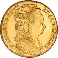 obverse of 1 Peça - Maria I (1789 - 1799) coin with KM# 299 from Portugal. Inscription: MARIA · I · D · G · PORT · 	ET · ALG · REGINA 1793