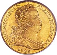 obverse of 1 Peça - João VI (1818 - 1824) coin with KM# 364 from Portugal. Inscription: JOANNES · VI · D · G · PORT · 	BRASIL · ET · ALG · REX 1822