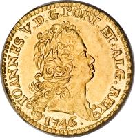 obverse of 1 Escudo - Joao V (1722 - 1842) coin with KM# 219 from Portugal. Inscription: IOANNES.V.D.G.PORT.ET.ALG.REX 1746