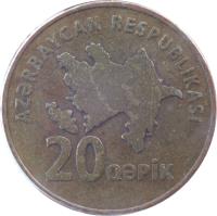Azerbaijan coin 20 Qəpik (2006 - 2011) obverse obverse of 20 Qəpik (2006 - 2011) coin with KM# 43 from Azerbaijan. Inscription: AZƏRBAYCAN RESPUBLİKASI 20 QƏPİK