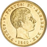 obverse of 5000 Réis - Pedro V (1860 - 1861) coin with KM# 505 from Portugal.