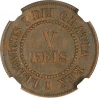 obverse of 5 Réis - Luiz I (1863) coin with KM# Pn130 from Portugal. Inscription: LUDOVICUS I DEI GRATIA REX V REIS
