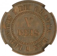 Portugal coin 5 Réis - Luiz I (1863) obverse obverse of 5 Réis - Luiz I (1863) coin with KM# Pn130 from Portugal. Inscription: LUDOVICUS I DEI GRATIA REX V REIS