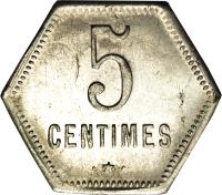 Réunion coin 5 Centimes - French Overseas Department (1920) reverse reverse of 5 Centimes - French Overseas Department (1920) coin with KM# Tn1 from Réunion. Inscription: 5 CENTIMES