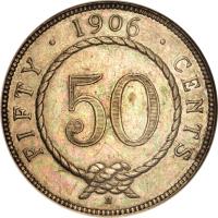 Sarawak coin 50 Cents - Charles Brooke (1900 - 1906) reverse reverse of 50 Cents - Charles Brooke (1900 - 1906) coin with KM# 11 from Sarawak. Inscription: FIFTY · 1906 · CENTS 50