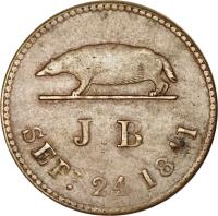 obverse of 1 Keping - James Brooke (1832) coin with KM# Tn1 from Sarawak. Inscription: J . B SEPT 24 1841