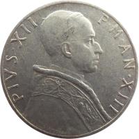 obverse of 5 Lire - Pius XII (1951 - 1958) coin with KM# 51 from Vatican City. Inscription: PIVS · XII P · M · AN · XIII GIAMPAOLI