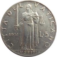 reverse of 5 Lire - Pius XII (1951 - 1958) coin with KM# 51 from Vatican City. Inscription: CITTA DEL VATICANO 1951 L · 5 IVSTITIA