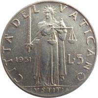 Vatican City coin 5 Lire - Pius XII (1951 - 1958) reverse reverse of 5 Lire - Pius XII (1951 - 1958) coin with KM# 51 from Vatican City. Inscription: CITTA DEL VATICANO 1951 L · 5 IVSTITIA