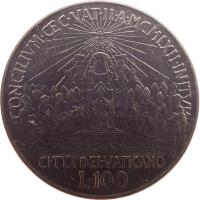 Vatican City coin 100 Lire - Ioannes XXIII - Second Vatican Council (1962) reverse reverse of 100 Lire - Ioannes XXIII - Second Vatican Council (1962) coin with KM# 73 from Vatican City. Inscription: CONCILIVM · · C · VAT · II · A · MCMLXII · INITVM CITTA'DEL · VATICANO L · 100