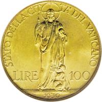 Vatican City coin 100 Lire - Pius XI (1929 - 1935) reverse reverse of 100 Lire - Pius XI (1929 - 1935) coin with KM# 9 from Vatican City. Inscription: STATO DELLA CIT TA' DEL VATICANO LIRE 100 1939