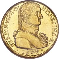 obverse of 8 Escudos - Fernando VII - Colonial Milled Coinage (1808 - 1811) coin with KM# 72 from Chile. Inscription: FERDIN · VII · D · G	HISP · ET · IND · R · · 1809 ·